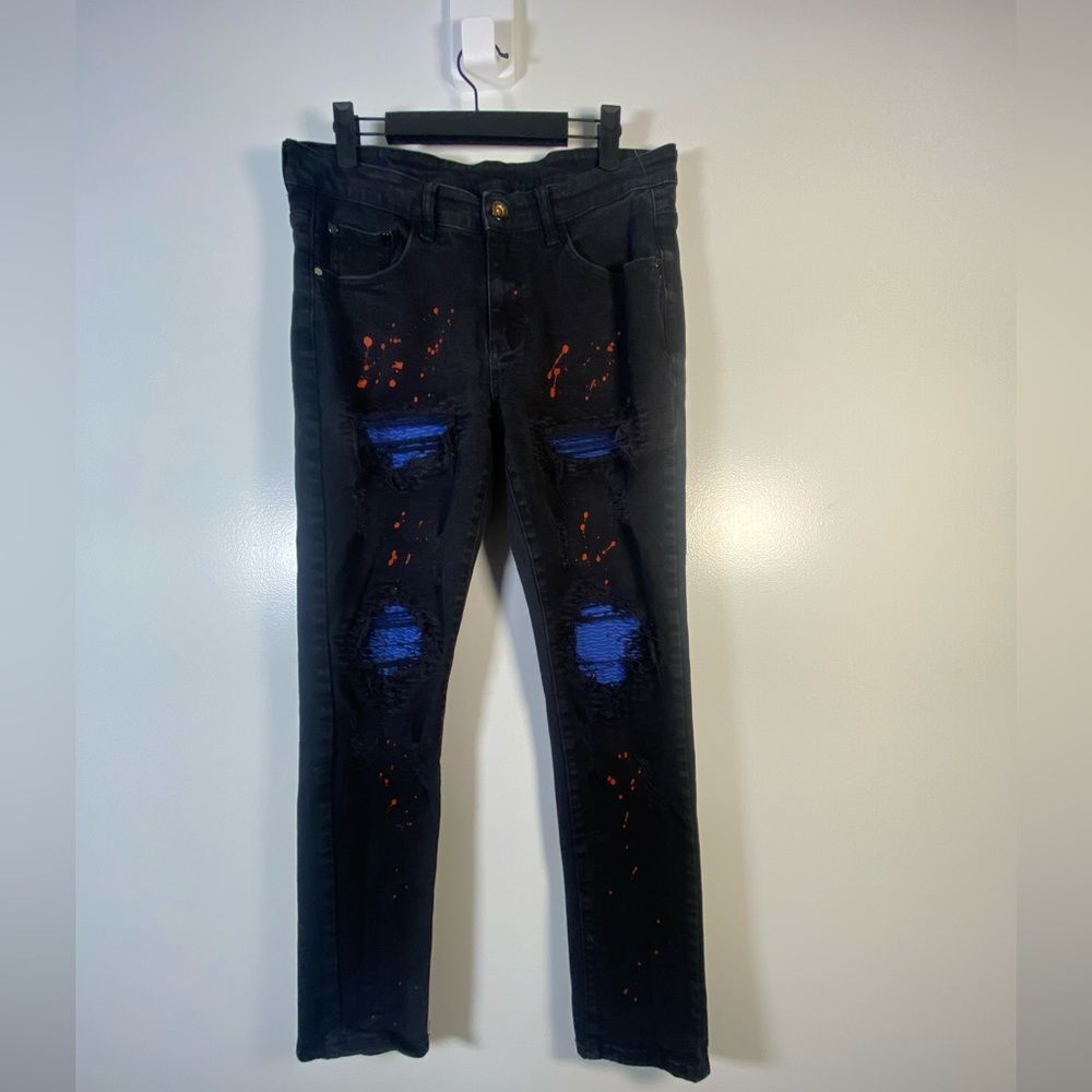 Stylish Repaired Paint Black and Blue Distressed Skinny Jeans - Picture 2 of 9